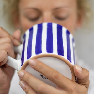 Stoneware Coffee Mug Large Coffee Mug Cute Mug Navy Blue Stripe, EXTRA LARGE Mug, Handmade Pottery Unique Coffee Mug Tea Lovers Gift image 2