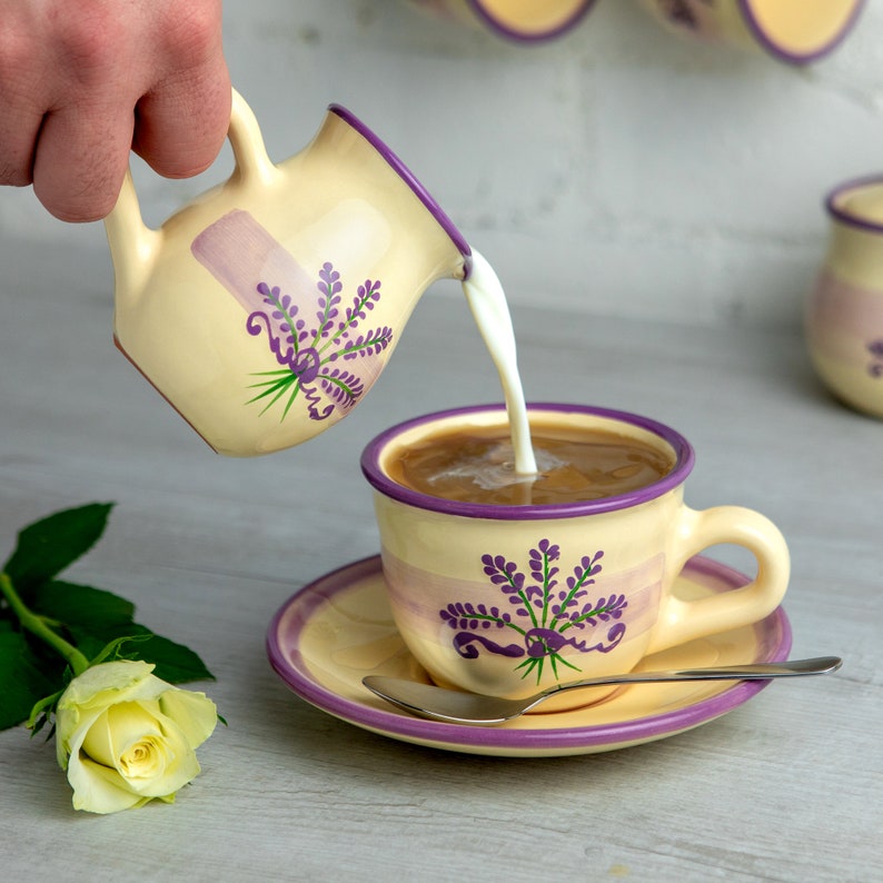 Keramik Tee Set, Teekanne Set, GROSSE Teekanne, Milchkännchen, Zuckerdose Set, Handgemachte Steinzeug Keramik, Lila Lavendel Floral Bild 7