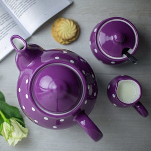 Purple Ceramic Tea Set, Teapot Set, LARGE Teapot, Milk Jug, Sugar Bowl Set, Handmade Stoneware Pottery with White Polka Dot image 2