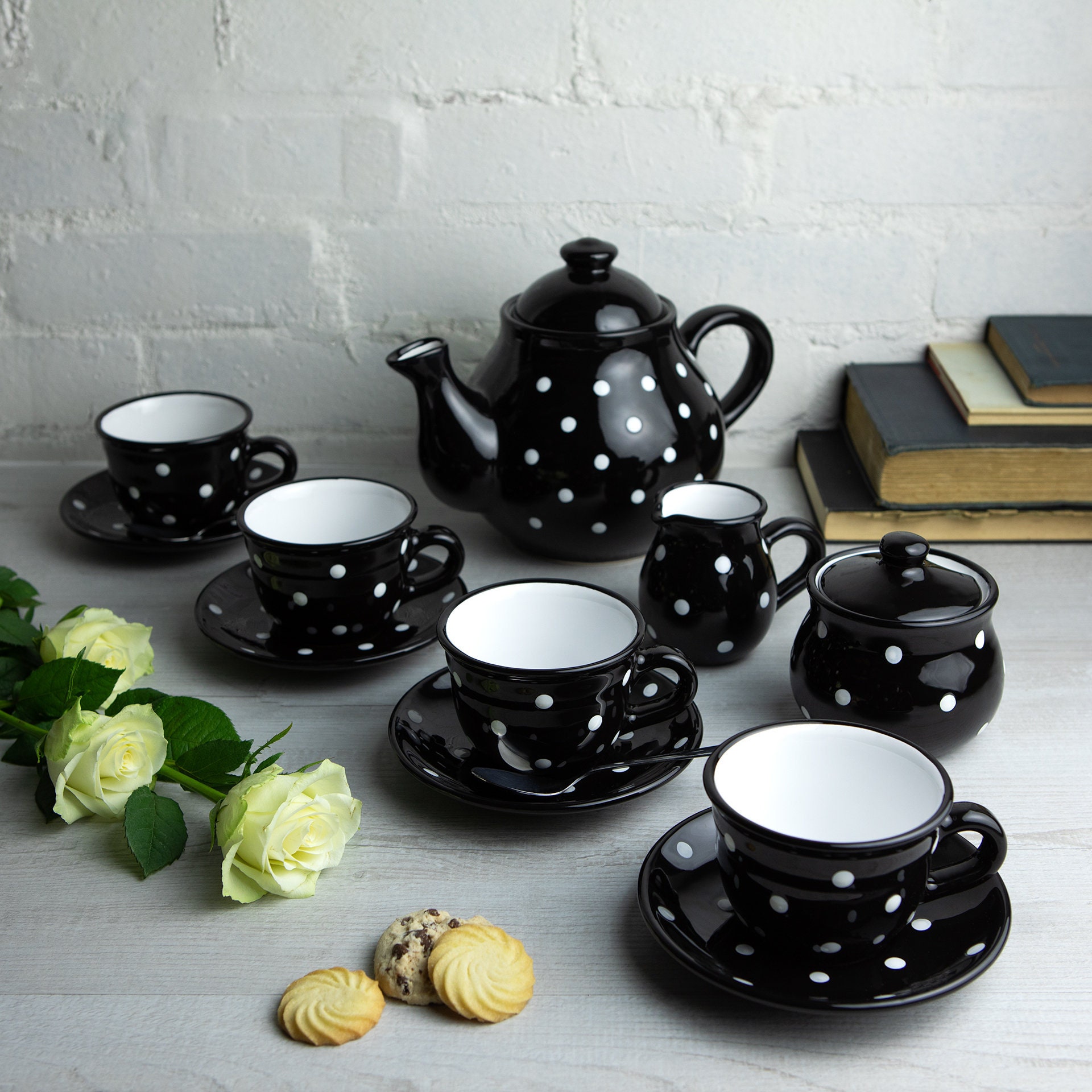 Black Ceramic Tea Set Teapot SET for FOUR Large Teapot Milk Jug Sugar Bowl and 4 Teacups Saucers Handmade Polka Dot Pottery Etsy Canada