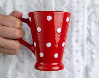 Red Latte Mug | Stoneware Coffee Mug | Handmade Polka Dot Pottery Mug | Ceramic Mug for Coffee Lovers, Unique Cute Mug, Christmas Gift