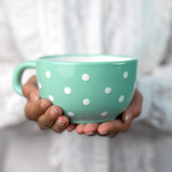 Taza de café grande / taza de sopa de cerámica / taza de café de gres, azul  turquesa y lunares blancos, taza EXTRA GRANDE, taza linda de cerámica hecha  a mano -  México