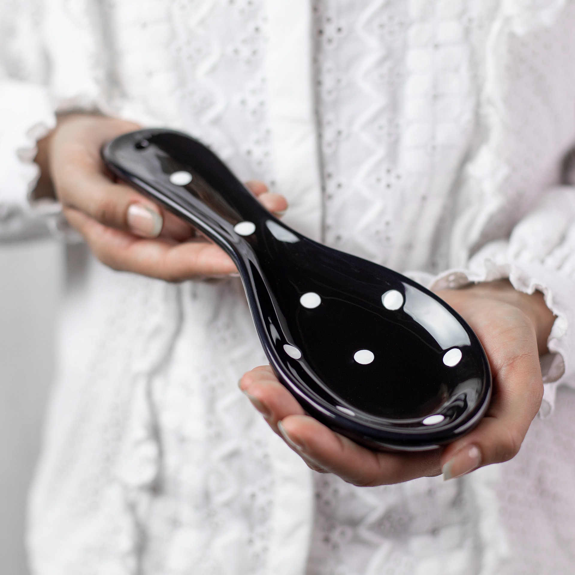 Ceramic Spoon Rest, Spoon Holder, Kitchen Cooking Utensil Rest, Black with White Polka Dot, Handmade Stoneware Pottery, Housewarming Gift