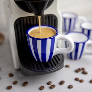 Navy Ceramic Espresso Cup Set of Four | Espresso Cups Blue Stripe, Handmade Stoneware Pottery for Coffee Lovers, Christmas Gift