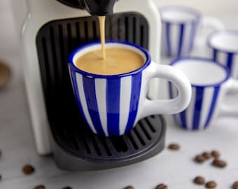 Navy Ceramic Espresso Cup Set of Four | Espresso Cups Blue Stripe, Handmade Stoneware Pottery for Coffee Lovers, Christmas Gift