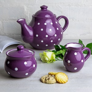 Purple Ceramic Tea Set, Teapot Set, LARGE Teapot, Milk Jug, Sugar Bowl Set, Handmade Stoneware Pottery with White Polka Dot image 3