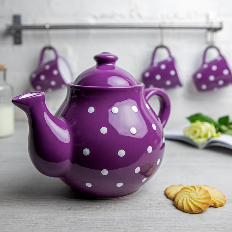 Purple Ceramic Tea Set, Teapot Set, LARGE Teapot, Milk Jug, Sugar Bowl Set, Handmade Stoneware Pottery with White Polka Dot image 5