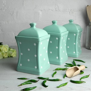 Teal Blue and White Canister Set | Kitchen Cookie Jar, Decorative Ceramic Handmade Polka Dot Pottery Tea Coffee Sugar Canister Set