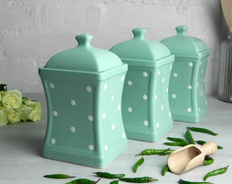 Teal Blue and White Canister Set | Kitchen Cookie Jar, Decorative Ceramic Handmade Polka Dot Pottery Tea Coffee Sugar Canister Set