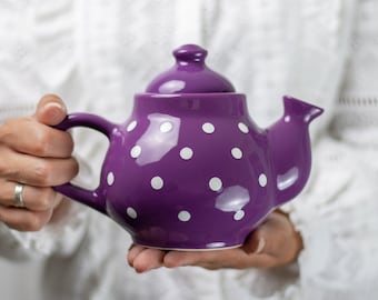 Handmade Purple Ceramic Teapot, White Polka Dot Stoneware