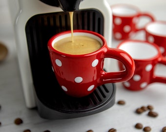 Red Ceramic Espresso Cup Set of Four | Espresso Cups White Polka Dot, Handmade Stoneware Pottery for Coffee Lovers, Christmas Gift