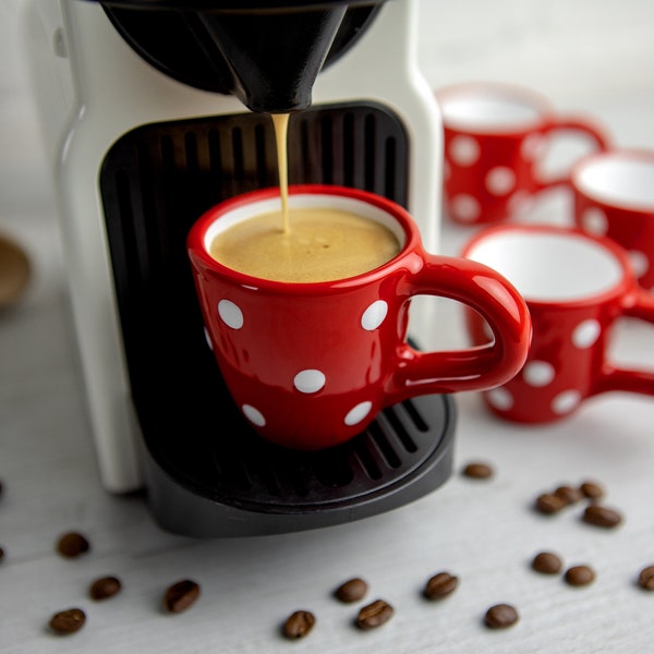 Red Ceramic Espresso Cup Set of Four | Espresso Cups White Polka Dot, Handmade Stoneware Pottery for Coffee Lovers, Christmas Gift