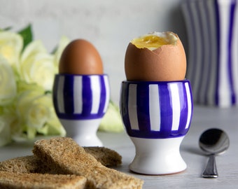 Egg Holder | Egg Cup Set | Ceramic Egg Holder, Navy Blue Stipe Pottery Egg Cup Holder SET OF TWO, Coastal Housewarming, Christmas Gift