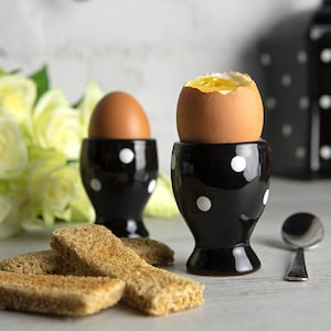 Egg Holder | Egg Cup Set | Ceramic Egg Holder, Black and White Polka Dot Pottery Egg Cup Holder SET OF TWO, Housewarming, Christmas Gift