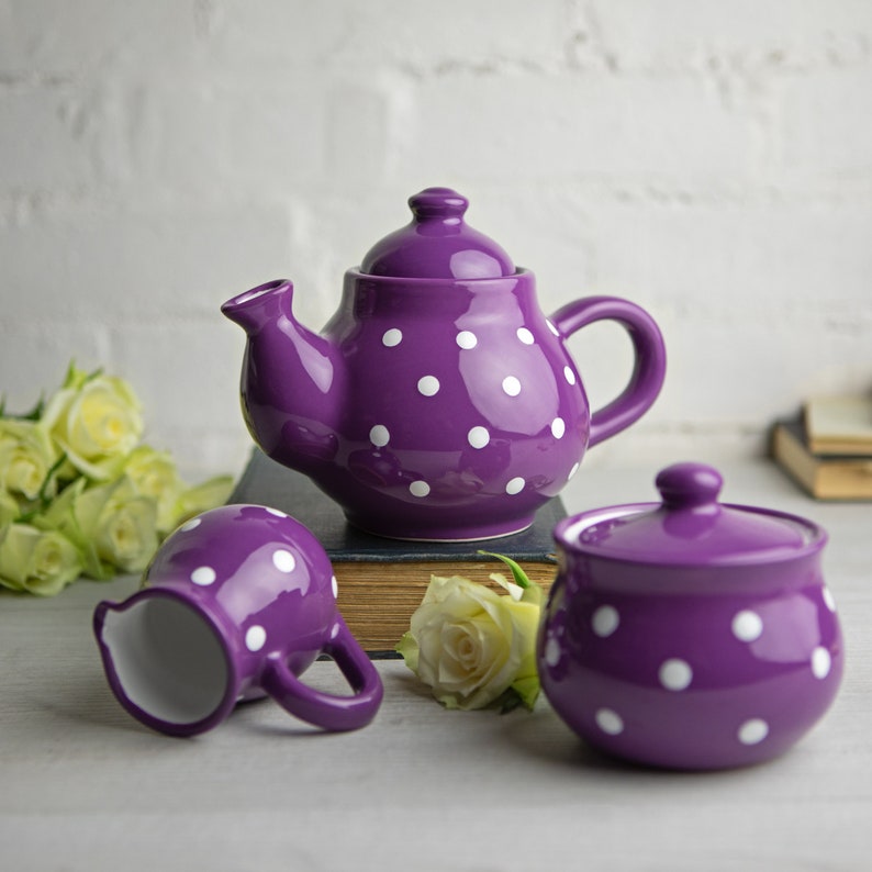 Purple Ceramic Tea Set, Handmade Teapot Set, SMALL Teapot, Milk Jug, Sugar Bowl Set, Stoneware Pottery with White Polka Dot image 1