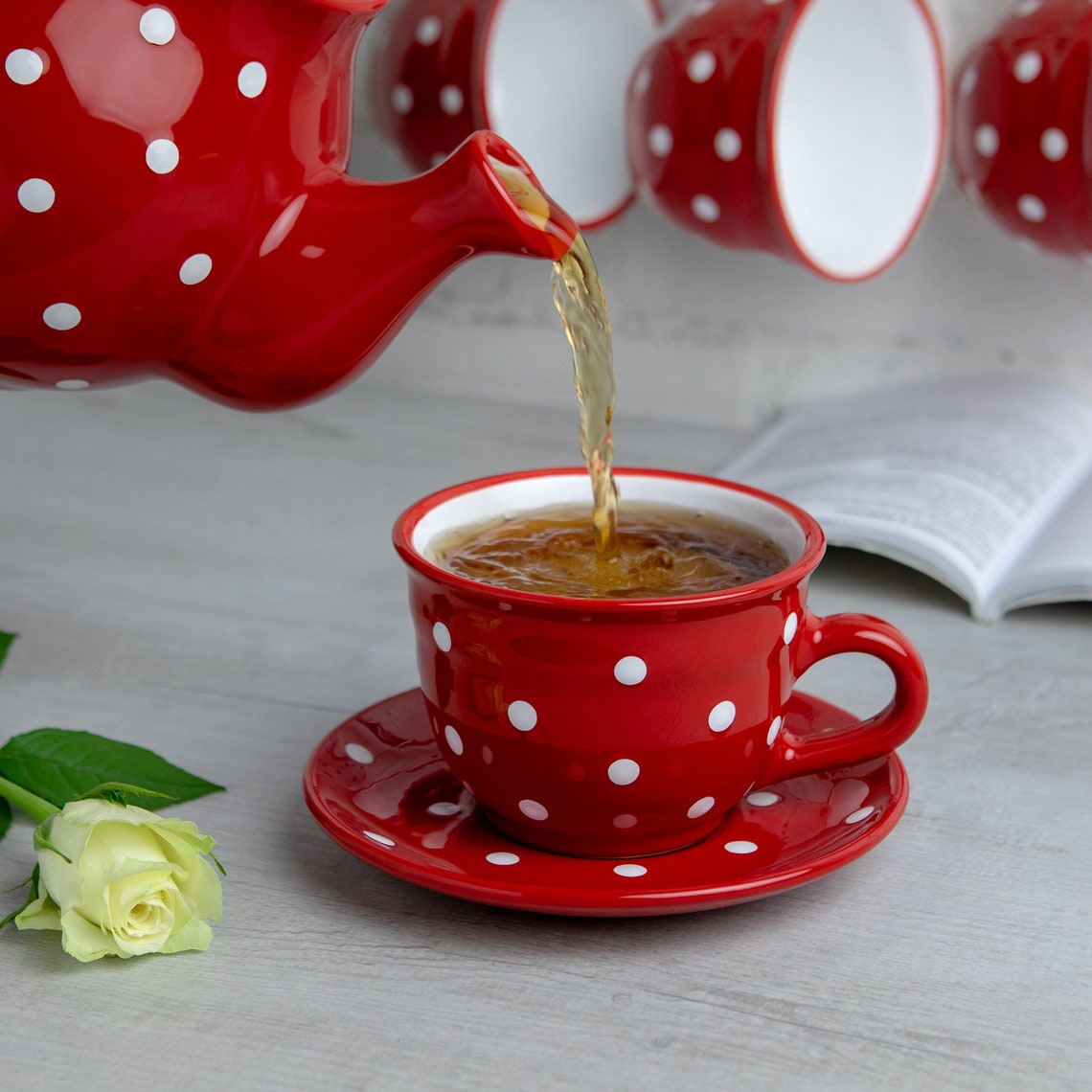 Red Large Teacup LARGE Cup and Saucer Handmade White Polka Etsy