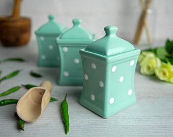 Handmade Teal Polka Dot Pottery Spice Jars | Kitchen Canisters