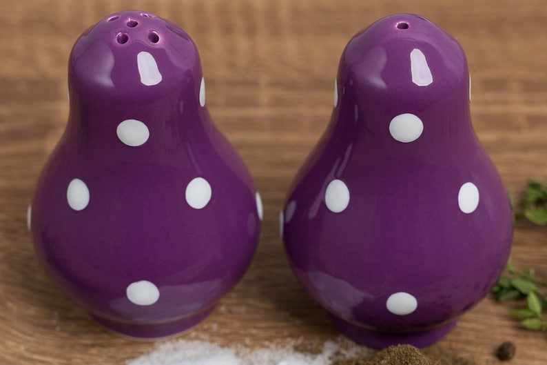 Country Cottage Style Handmade Pottery Purple and White Polka dot Pots Salt and Pepper Shakers Housewarming Gift Ceramic Cruet Set