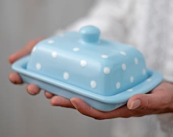 Sky Blue Covered Butter Dish with Lid, Ceramic Butter Keeper, European Style White Polka Dot, Stoneware Handmade Pottery, Housewarming Gift