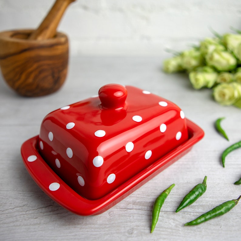 Red Covered Butter Dish with Lid, Ceramic Butter Keeper, European Style White Polka Dot, Stoneware Handmade Pottery, Housewarming Gift image 3