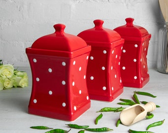 Red and White Canister Set | Kitchen Cookie Jar, Decorative Ceramic Handmade Polka Dot Pottery Tea Coffee Sugar Canister Set