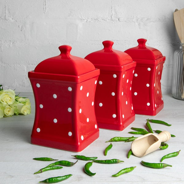 Red and White Canister Set | Kitchen Cookie Jar, Decorative Ceramic Handmade Polka Dot Pottery Tea Coffee Sugar Canister Set