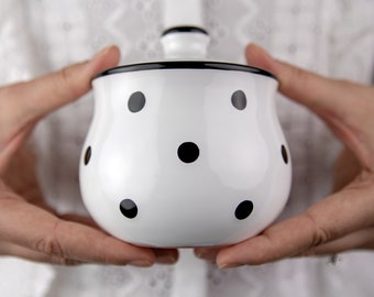 White Honey Pot | Sugar Bowl with Lid, Handmade Ceramic, Pottery Jar with Black Polka Dot, Housewarming Gift,