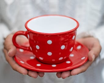 Red Large Teacup | LARGE Cup and Saucer, Handmade White Polka Dot Country Style Stoneware Pottery, Christmas Gift for Coffee, Tea Lovers