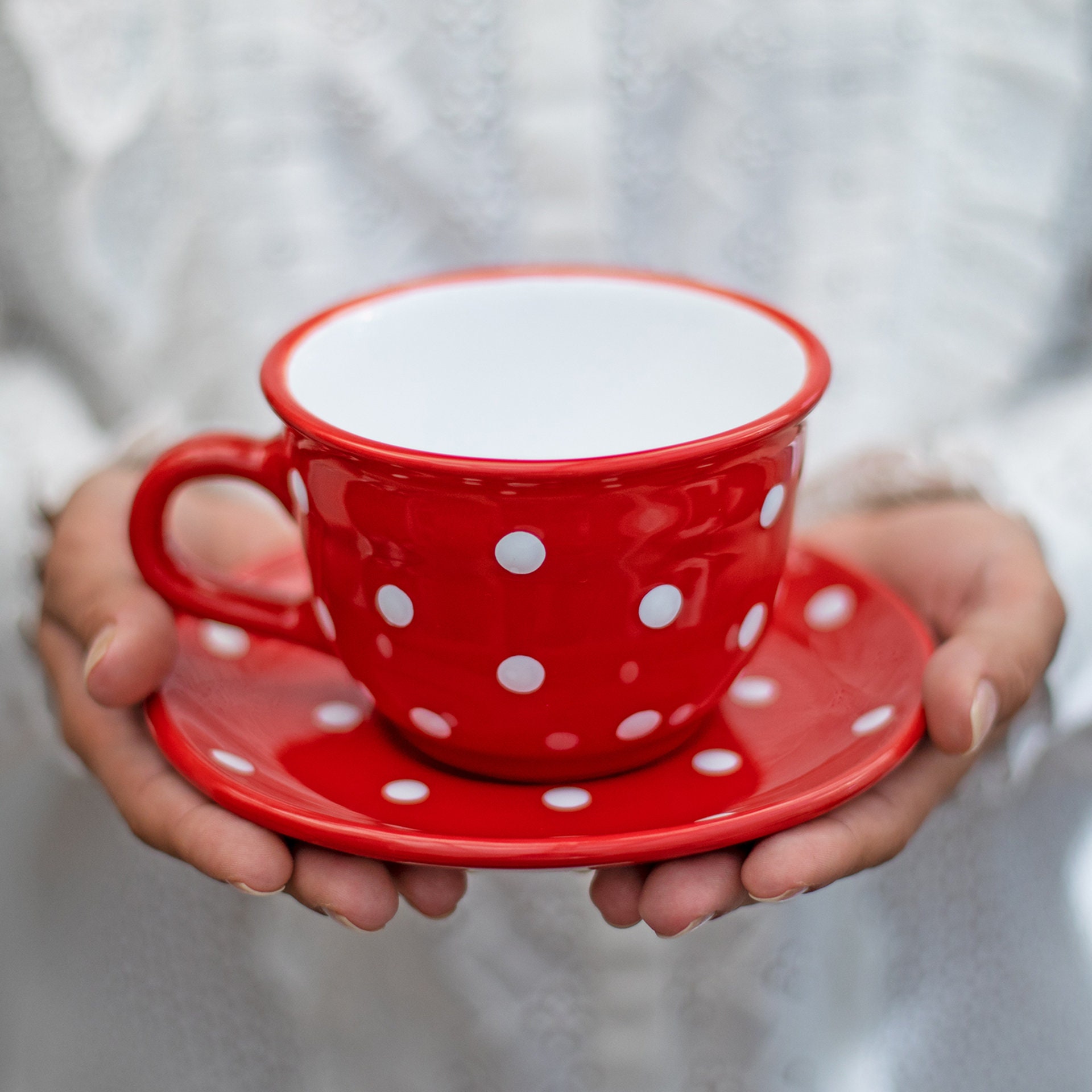 Taza de café grande / taza de sopa de cerámica / taza de café de gres,  lunares rojos y blancos, taza EXTRA GRANDE, taza linda de cerámica hecha a  mano -  México