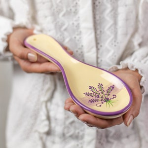 Ceramic Spoon Rest, Spoon Holder, Kitchen Cooking Utensil Rest, Purple Lavender Floral, Handmade Stoneware Pottery, Housewarming Gift