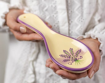 Ceramic Spoon Rest, Spoon Holder, Kitchen Cooking Utensil Rest, Purple Lavender Floral, Handmade Stoneware Pottery, Housewarming Gift