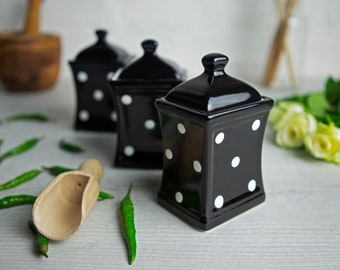 Black and White Small Spice Jars | Kitchen Canisters | Storage Jars, Unique Handmade Pottery, Ceramic Polka Dot Canister Set, Christmas Gift