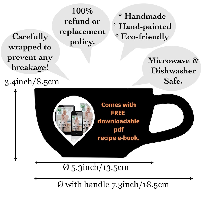K&ouml;nnte beinhalten: Schwarze Keramik-Kaffeetasse mit einem wei&szlig;en Herzdesign. Die Tasse hat einen Henkel und hat einen Durchmesser von 13,5 cm und einen Durchmesser von 18,5 cm mit dem Henkel. Die Tasse wird mit einem kostenlosen herunterladbaren Rezept-E-Book geliefert.