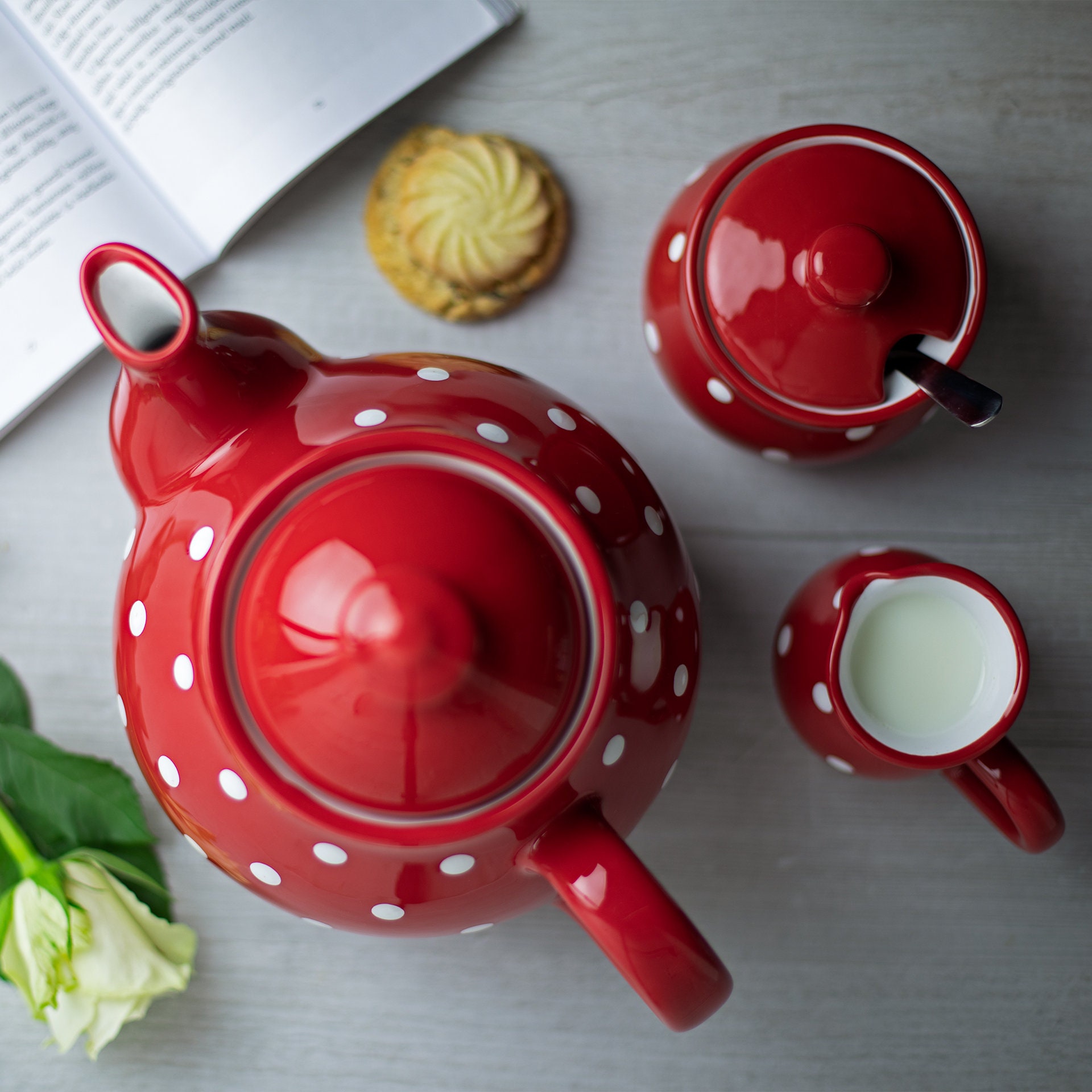 Red Ceramic Tea Set Teapot Set LARGE Teapot Milk Jug Sugar Etsy