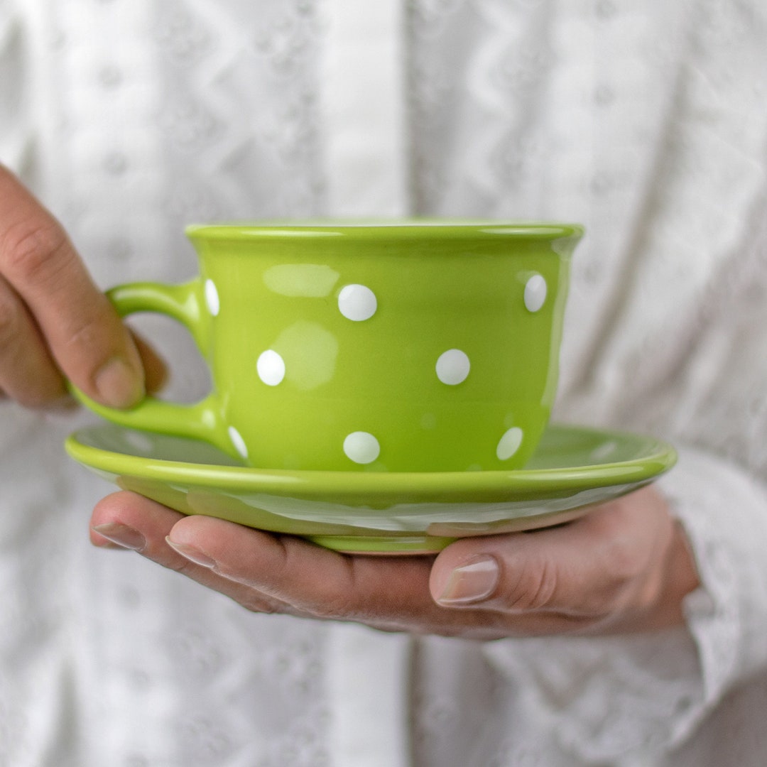 Green Ceramic Tea Cup Teacup and Saucer, Handmade White Polka Dot