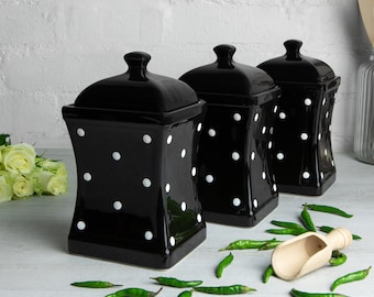 Black and White Canister Set | Kitchen Cookie Jar, Decorative Ceramic Handmade Polka Dot Pottery Tea Coffee Sugar Canister Set