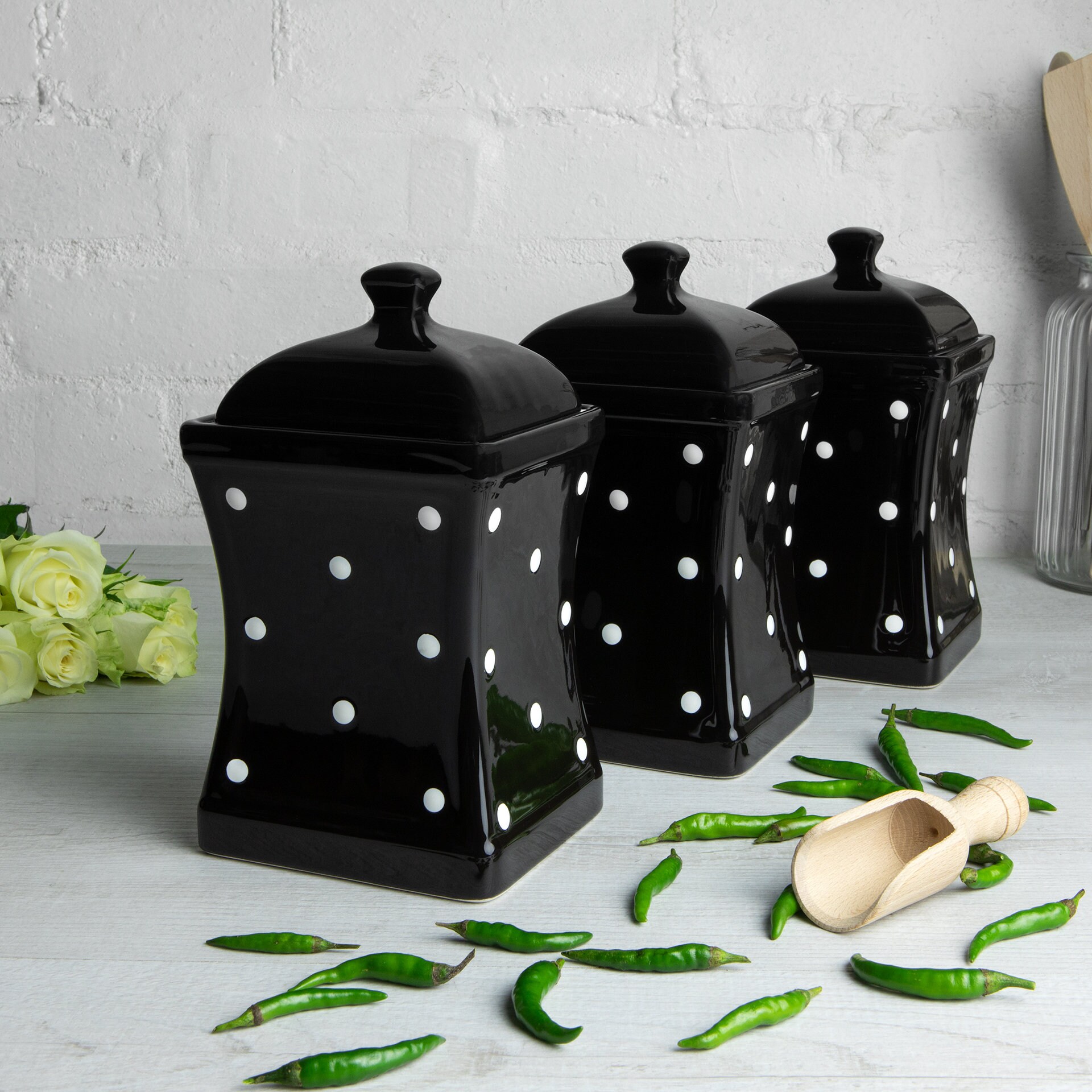 Black and White Canister Set Kitchen Cookie Jar, Decorative Ceramic  Handmade Polka Dot Pottery Tea Coffee Sugar Canister Set 