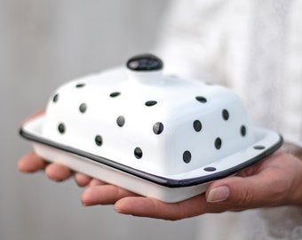 White Covered Butter Dish with Lid, Ceramic Butter Keeper, European Style Black Polka Dot, Stoneware Handmade Pottery, Housewarming Gift