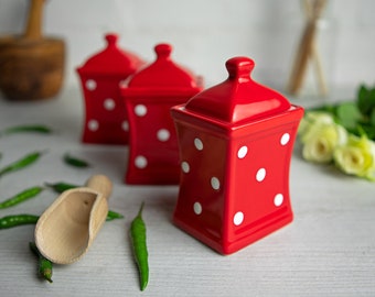 Red and White Small Spice Jars | Kitchen Canisters | Storage Jars, Unique Handmade Pottery, Ceramic Polka Dot Canister Set, Christmas Gift