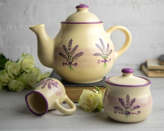 Ceramic Tea Set, Teapot Set, LARGE Teapot, Milk Jug, Sugar Bowl Set, Handmade Stoneware Pottery, Purple Lavender Floral