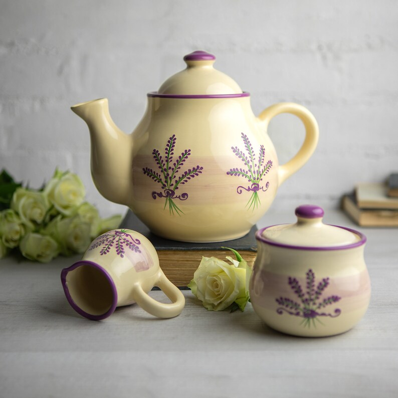 Keramik Tee Set, Teekanne Set, GROSSE Teekanne, Milchkännchen, Zuckerdose Set, Handgemachte Steinzeug Keramik, Lila Lavendel Floral Bild 1