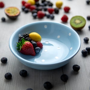 Soup Bowl | Fruit Bowl | Ramen Bowl, Ceramic Handmade Light Sky Blue and White Polka Dot Stoneware Pottery Cereal Bowl, Christmas Gift
