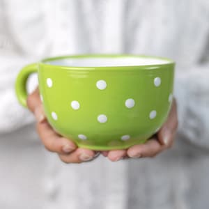 Large Coffee Mug | Pottery Soup Mug | Stoneware Coffee Mug, Lime Green and White Polka Dot, EXTRA LARGE Mug, Handmade Ceramic Cute Mug