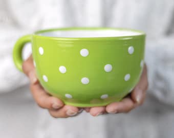 Large Coffee Mug | Pottery Soup Mug | Stoneware Coffee Mug, Lime Green and White Polka Dot, EXTRA LARGE Mug, Handmade Ceramic Cute Mug