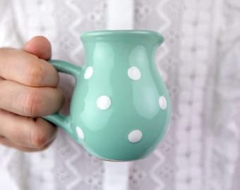 Ceramic Milk jug, Creamer, Gravy Jug, Teal Blue Handmade Pottery with White Polka Dot, Stoneware Small Pitcher Jug, Tea, Coffee Lovers Gift