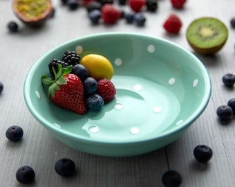 Soup Bowl | Fruit Bowl | Ramen Bowl, Ceramic Handmade Teal Blue and White Polka Dot Stoneware Pottery Cereal Bowl, Christmas Gift