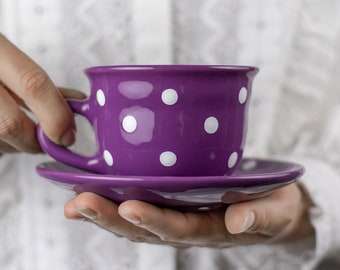 Purple Ceramic Tea Cup, Teacup and Saucer, Handmade White Polka Dot Farmhouse Style Stoneware Pottery, for Coffee Tea Lovers, Christmas Gift