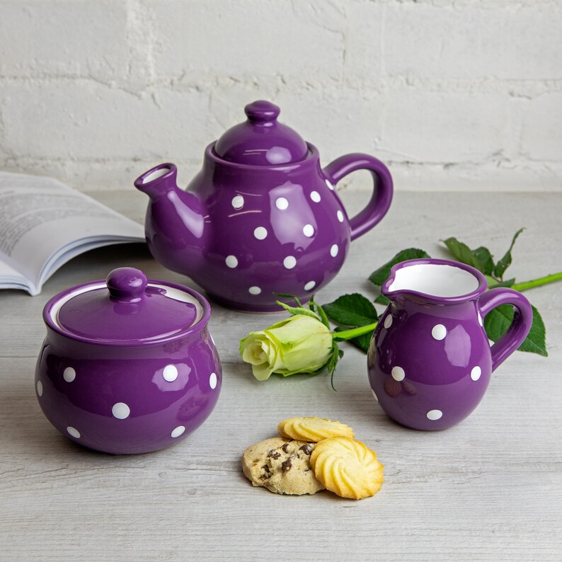 Purple Ceramic Tea Set, Handmade Teapot Set, SMALL Teapot, Milk Jug, Sugar Bowl Set, Stoneware Pottery with White Polka Dot image 3