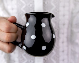 Ceramic Milk Jug, Creamer, Gravy Jug, Handmade Pottery with Black and White Polka Dot, Stoneware Small Pitcher Jug, Tea, Coffee Lovers Gift,