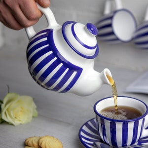 Ceramic Teapot, Handmade Pottery Tea Pot, for 1-2 CUP Navy Blue Stripe, Unique Stoneware, Coastal Housewarming Gift for Tea Lovers image 2